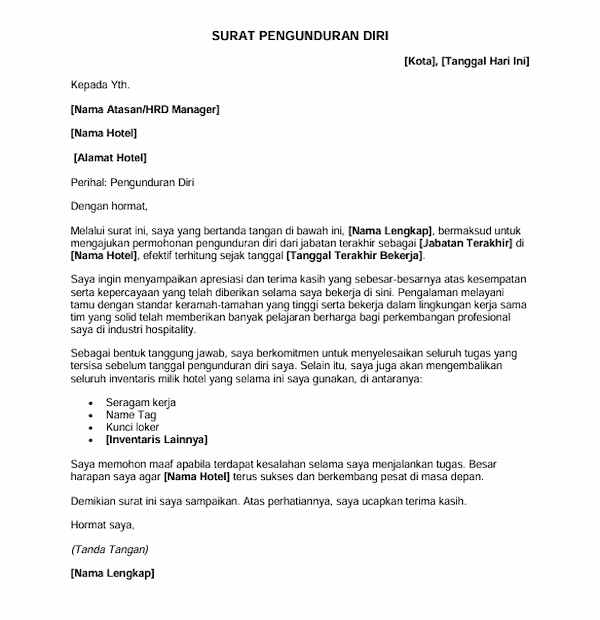 Contoh Surat Pengunduran Diri Karyawan Hotel - DOKU.Promo
