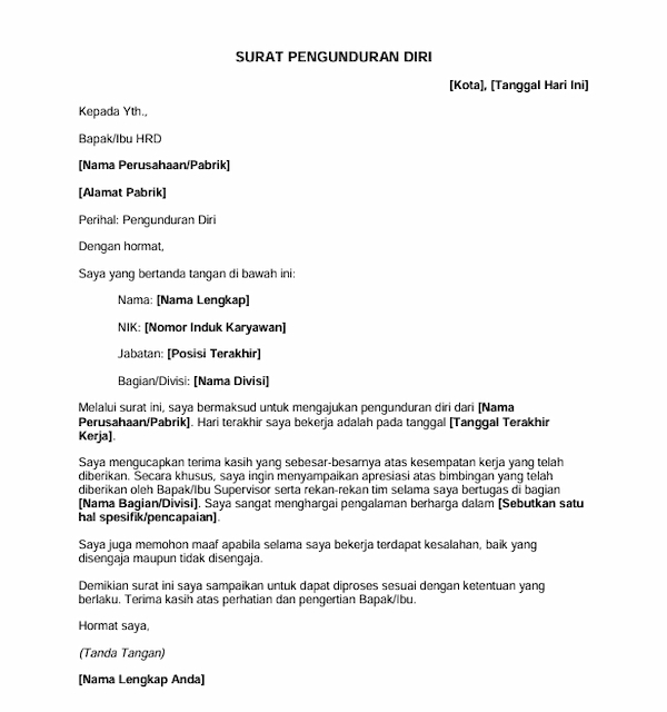 Contoh Surat Resign Kerja Pabrik - DOKU.Promo